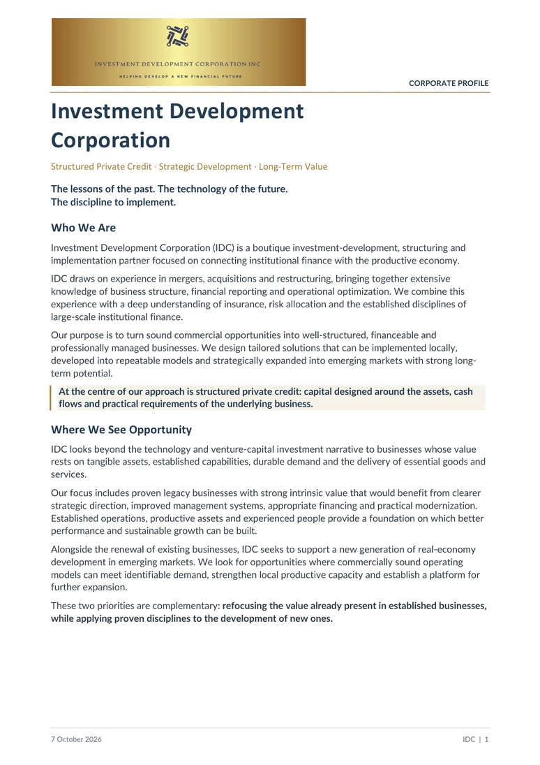 First page of the IDC corporate profile dated 7 October 2026.